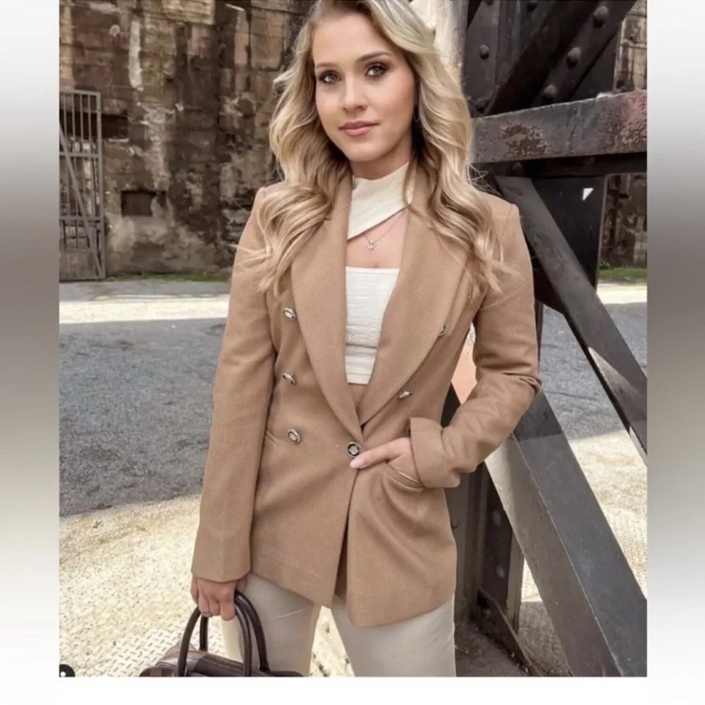 NEW WOMAN DOUBLE-BREASTED PIQUÉ BLAZER TAILORED JACKET CAMEL  XS